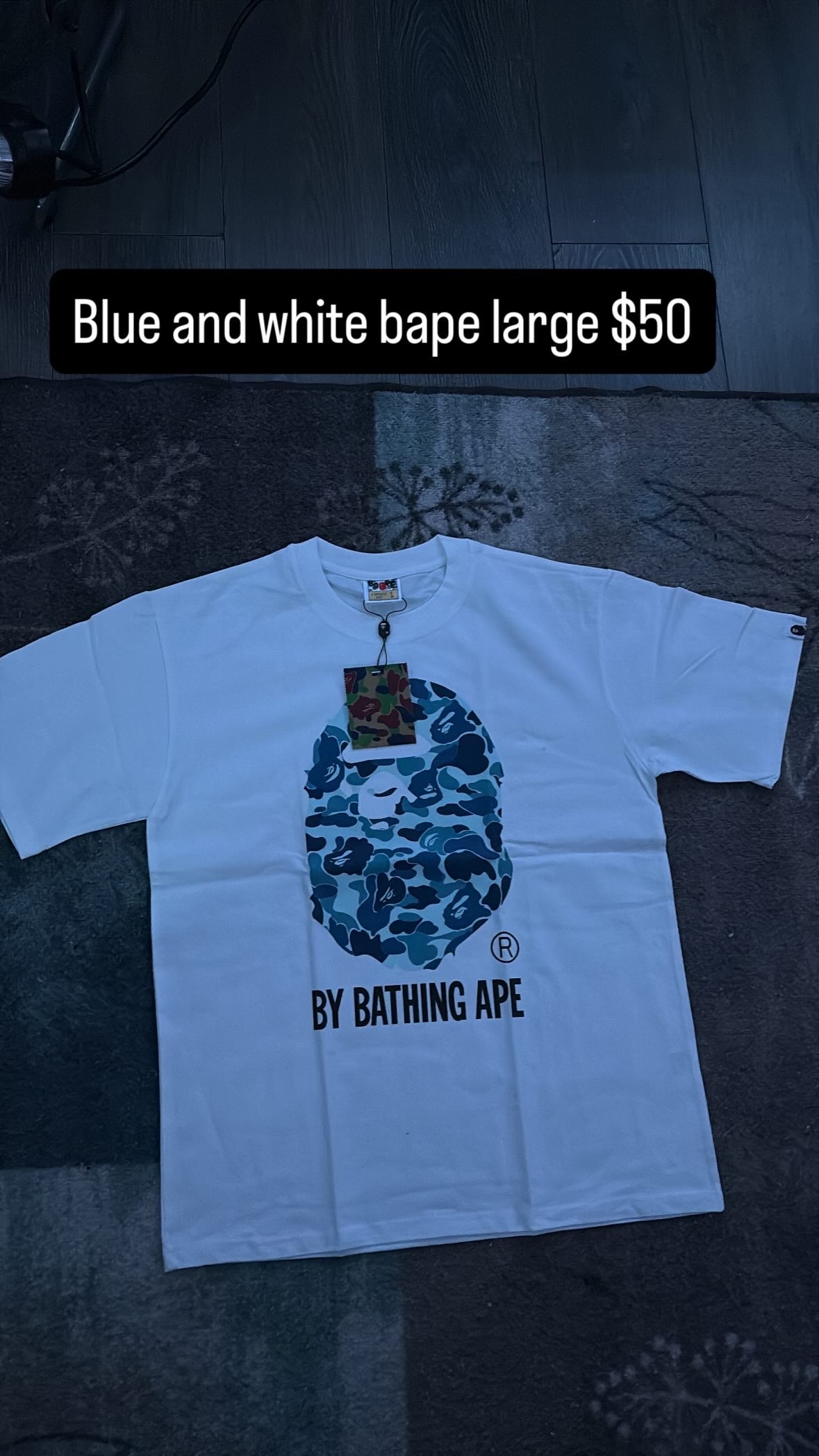 Blue and white bape t shirt